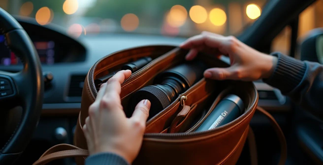 Gros plan sur des mains fouillant dans un sac en cuir
