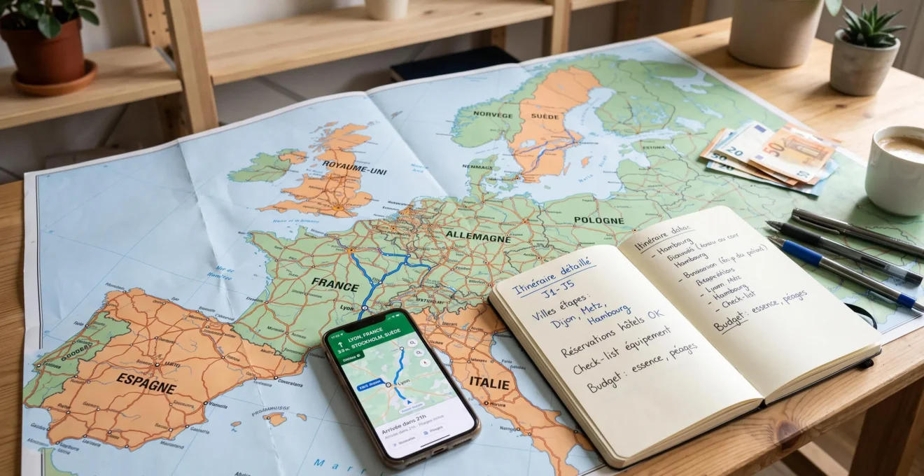 Table de planification voyage avec cartes Europe, smartphone GPS et carnets de route pour préparation itinéraire campervan